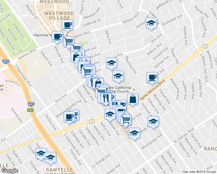 map of restaurants, bars, coffee shops, grocery stores, and more near 1646 Malcolm Avenue in Los Angeles