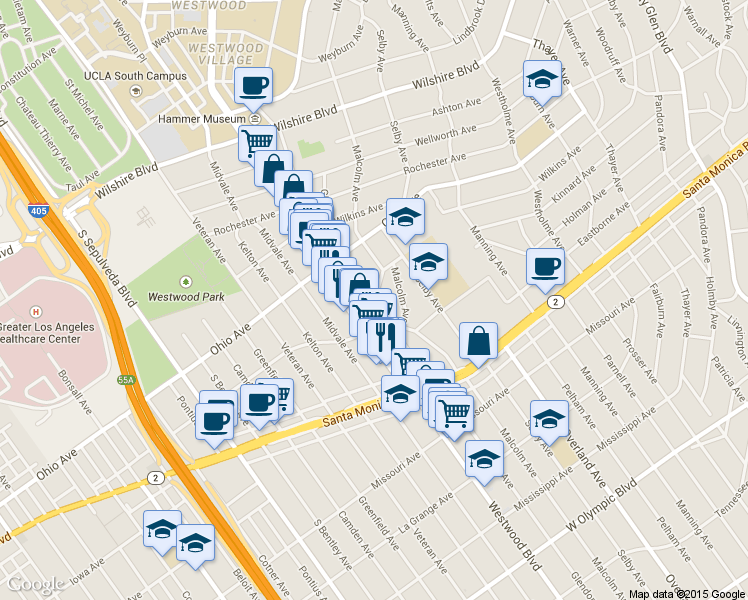 map of restaurants, bars, coffee shops, grocery stores, and more near 10838 Holman Avenue in Los Angeles