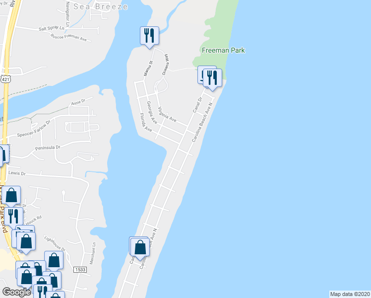 map of restaurants, bars, coffee shops, grocery stores, and more near 1418 Canal Drive in Carolina Beach