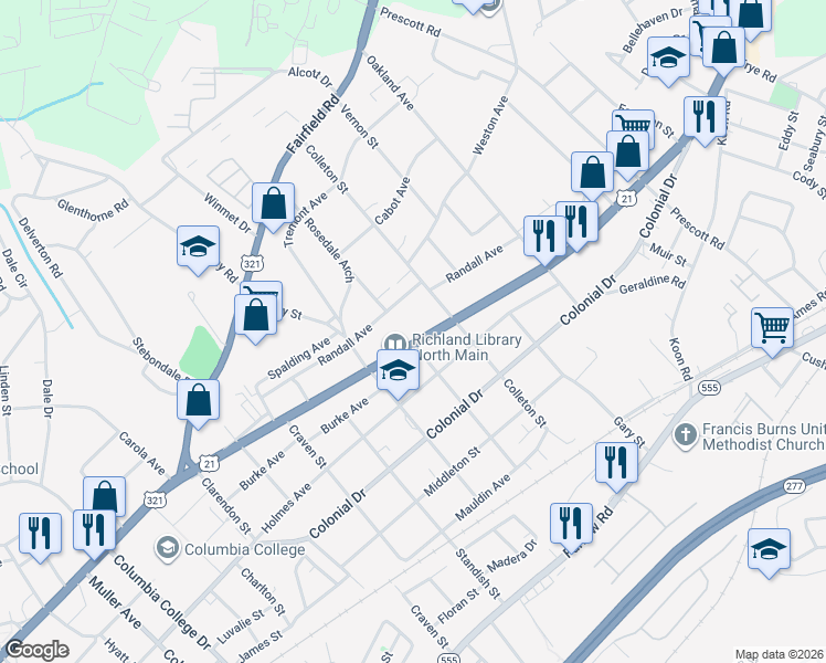 map of restaurants, bars, coffee shops, grocery stores, and more near 5423 North Main Street in Columbia