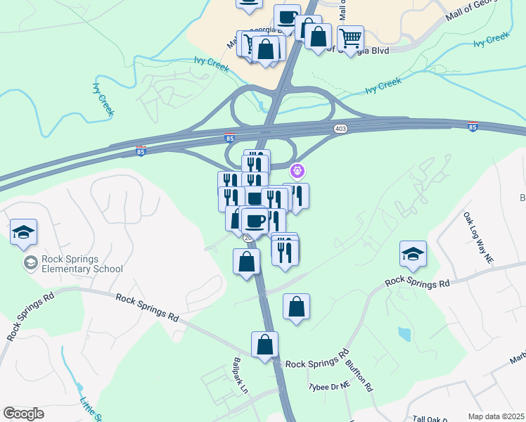 map of restaurants, bars, coffee shops, grocery stores, and more near 2910 Buford Drive in Buford