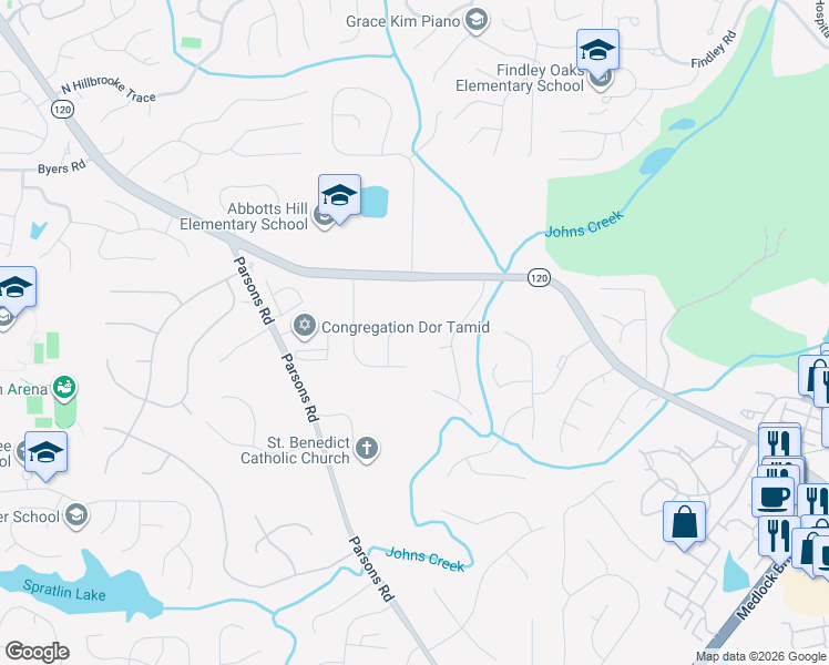 map of restaurants, bars, coffee shops, grocery stores, and more near 125 Surrey Park Court in Duluth
