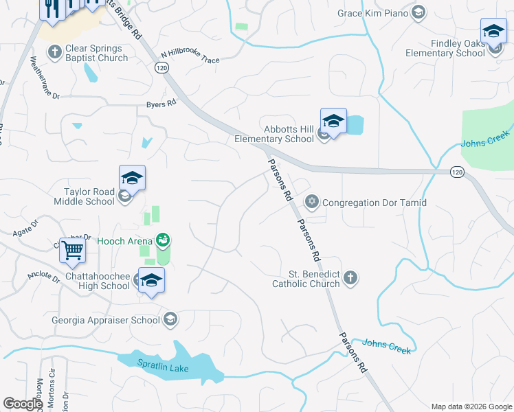 map of restaurants, bars, coffee shops, grocery stores, and more near 11175 Linbrook Lane in Duluth