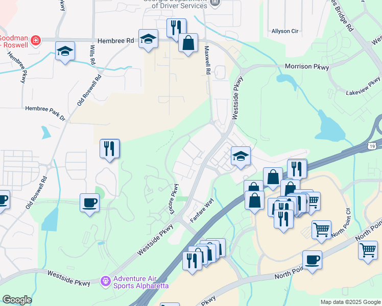 map of restaurants, bars, coffee shops, grocery stores, and more near 350 Harp Street in Alpharetta