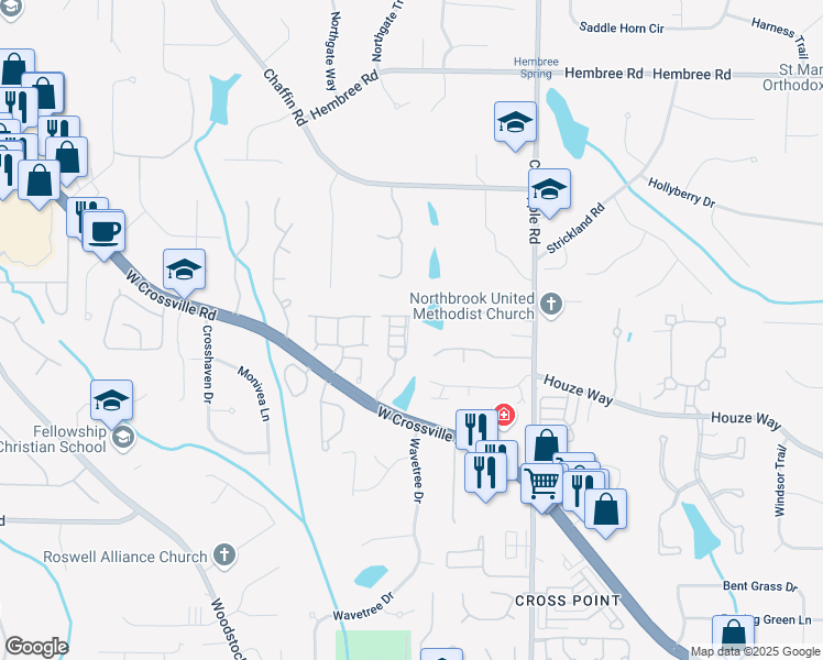map of restaurants, bars, coffee shops, grocery stores, and more near 2024 Towneship Trail in Roswell