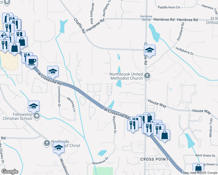 map of restaurants, bars, coffee shops, grocery stores, and more near 2024 Towneship Trail in Roswell