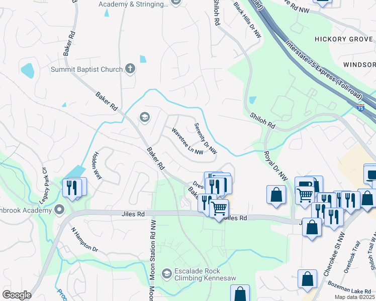 map of restaurants, bars, coffee shops, grocery stores, and more near 2329 Wavetree Lane Northwest in Acworth