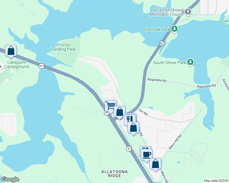 map of restaurants, bars, coffee shops, grocery stores, and more near 3950 Abernathy Farm Way Northwest in Acworth