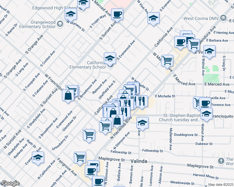 map of restaurants, bars, coffee shops, grocery stores, and more near 1520 S California Ave in West Covina