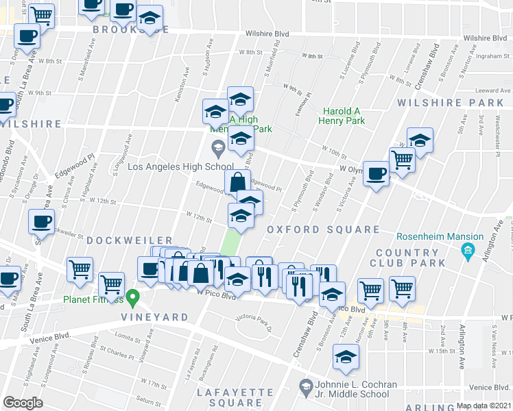 map of restaurants, bars, coffee shops, grocery stores, and more near 1142 Queen Anne Place in Los Angeles