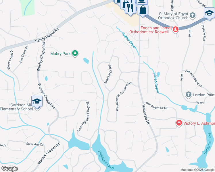 map of restaurants, bars, coffee shops, grocery stores, and more near 4156 Riverhill Court Northeast in Roswell
