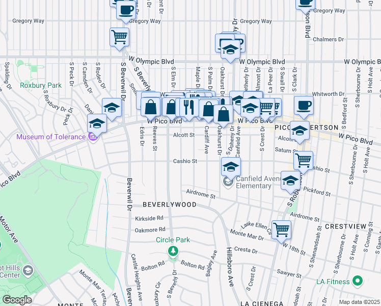 map of restaurants, bars, coffee shops, grocery stores, and more near 1477 Glenville Drive in Los Angeles