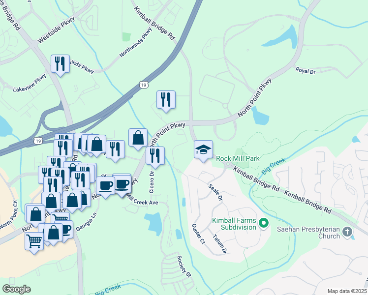 map of restaurants, bars, coffee shops, grocery stores, and more near 110 Pinecone Place in Alpharetta