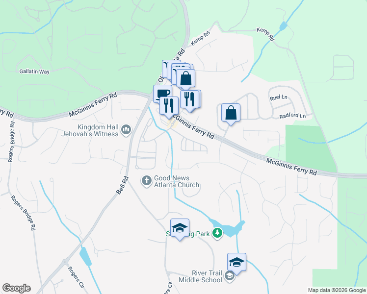 map of restaurants, bars, coffee shops, grocery stores, and more near 136 Laurel Crest Alley in Suwanee