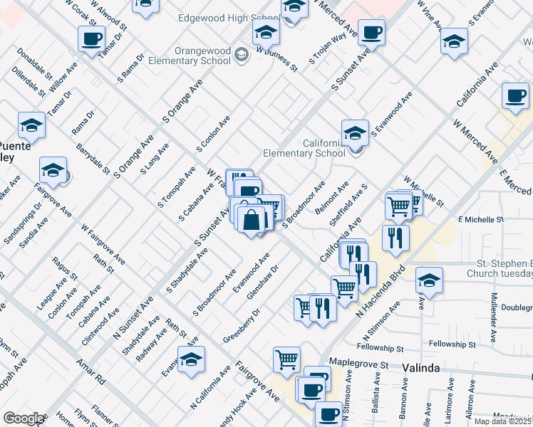 map of restaurants, bars, coffee shops, grocery stores, and more near 1231 West Francisquito Avenue in West Covina