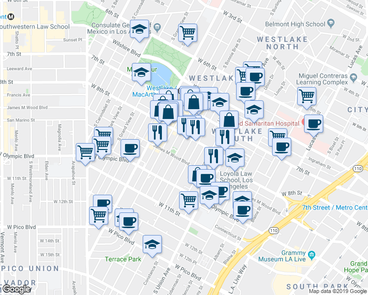 map of restaurants, bars, coffee shops, grocery stores, and more near 817 South Burlington Avenue in Los Angeles
