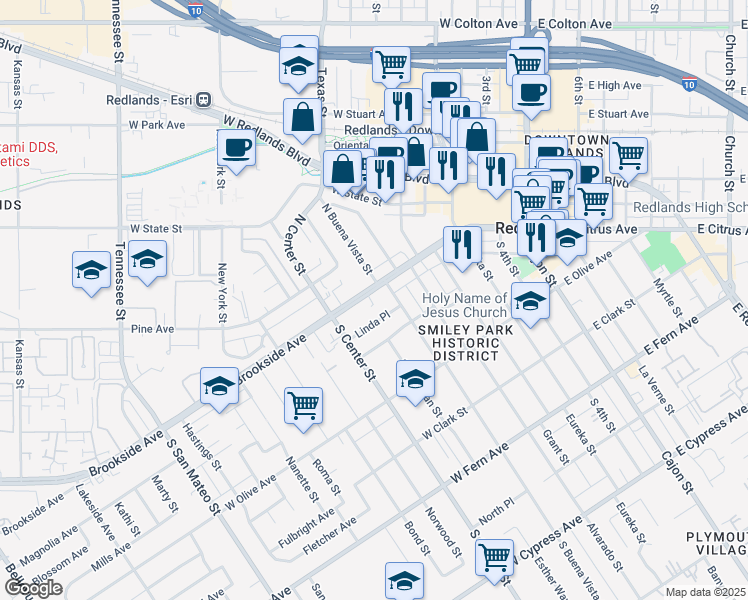 map of restaurants, bars, coffee shops, grocery stores, and more near in Redlands