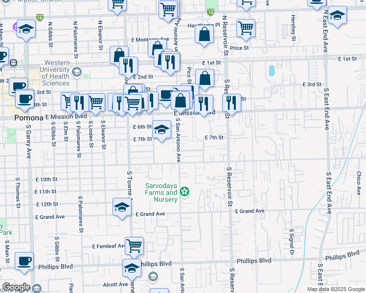 map of restaurants, bars, coffee shops, grocery stores, and more near 770 South San Antonio Avenue in Pomona