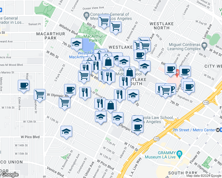 map of restaurants, bars, coffee shops, grocery stores, and more near 806 South Burlington Avenue in Los Angeles