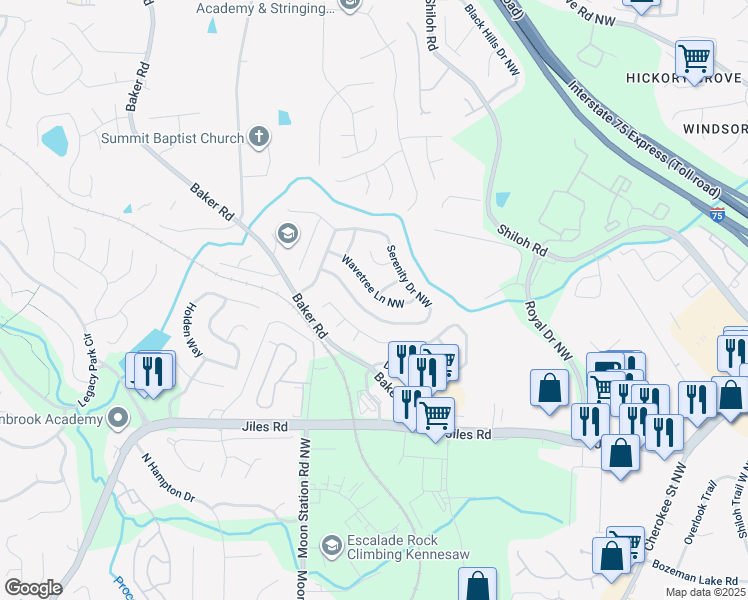 map of restaurants, bars, coffee shops, grocery stores, and more near 2329 Wavetree Lane Northwest in Acworth