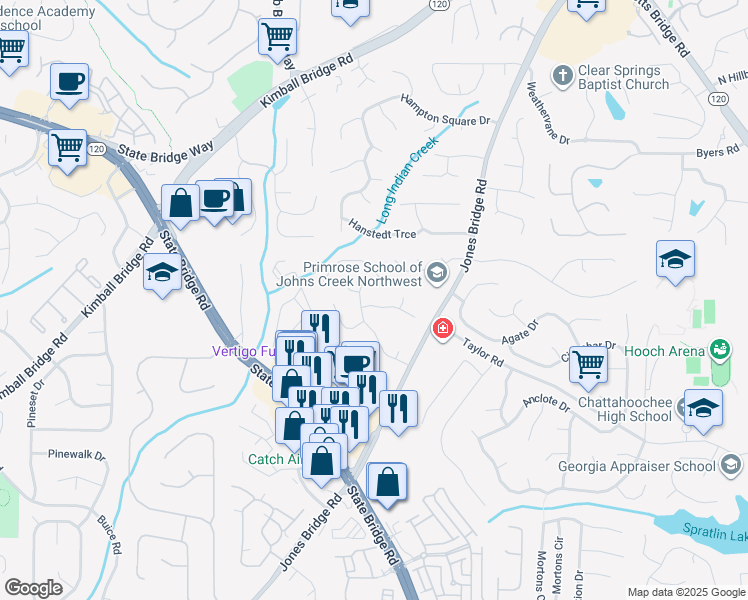 map of restaurants, bars, coffee shops, grocery stores, and more near 4710 Carversham Way in Alpharetta