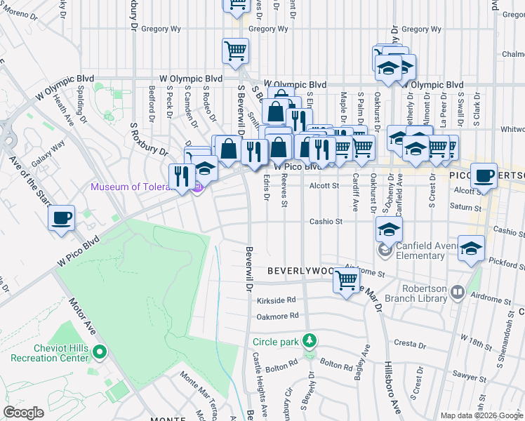 map of restaurants, bars, coffee shops, grocery stores, and more near 1475 Edris Drive in Los Angeles
