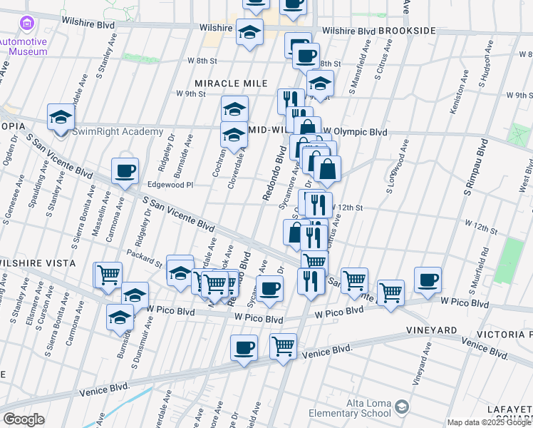 map of restaurants, bars, coffee shops, grocery stores, and more near 1210 South Redondo Boulevard in Los Angeles