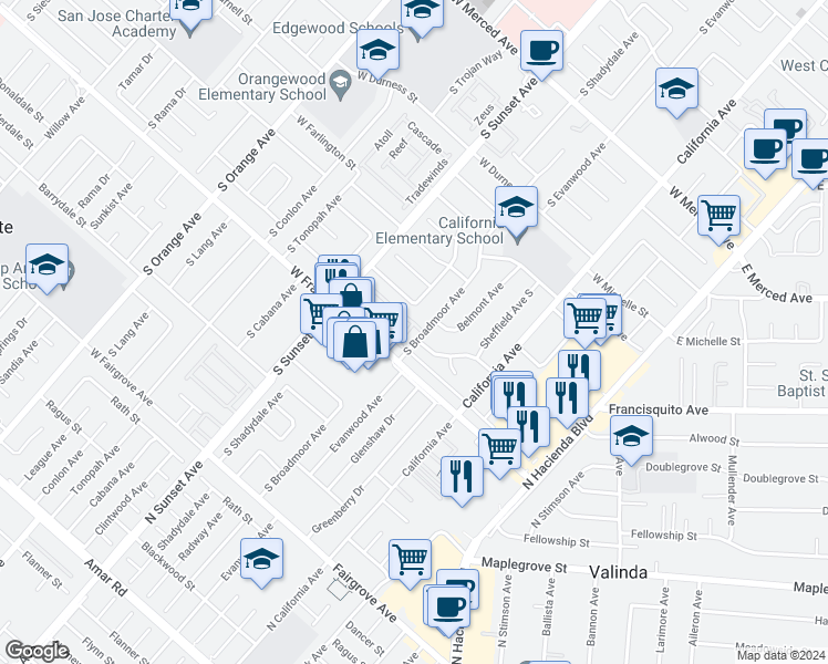 map of restaurants, bars, coffee shops, grocery stores, and more near 1639 South Broadmoor Avenue in West Covina