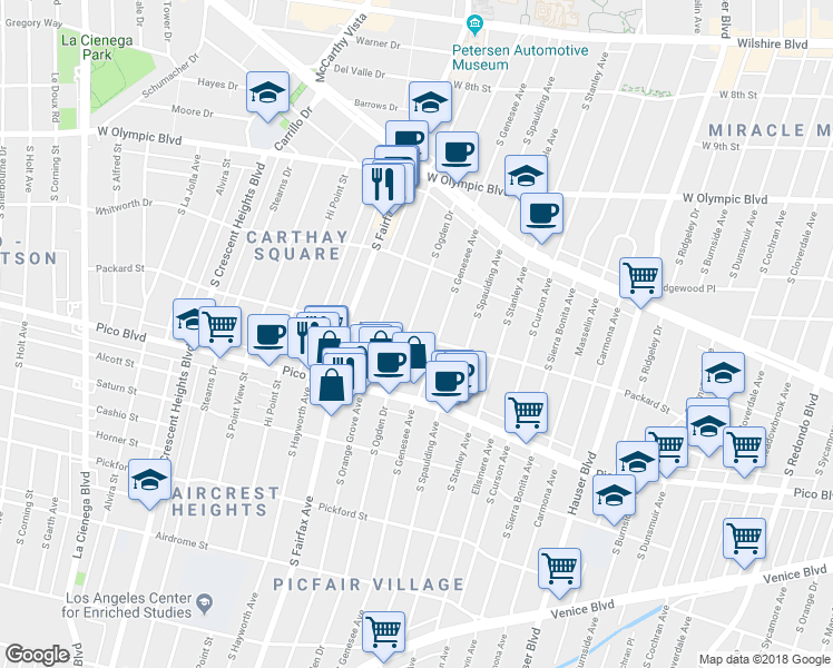 map of restaurants, bars, coffee shops, grocery stores, and more near 1258 South Ogden Drive in Los Angeles