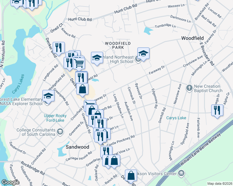 map of restaurants, bars, coffee shops, grocery stores, and more near 2227 Long Shadow Lane in Columbia
