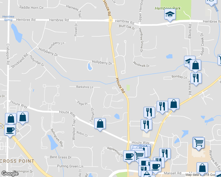 map of restaurants, bars, coffee shops, grocery stores, and more near 540 Ambergate Court in Roswell