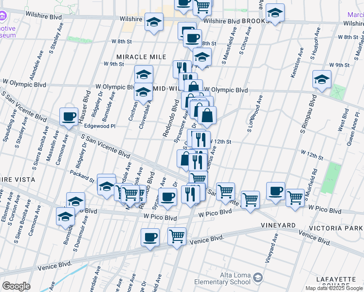 map of restaurants, bars, coffee shops, grocery stores, and more near 1213 South Orange Drive in Los Angeles