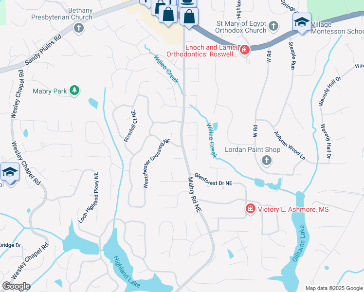 map of restaurants, bars, coffee shops, grocery stores, and more near Mabry Rd & Westchester Crossing in Roswell