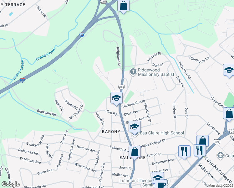 map of restaurants, bars, coffee shops, grocery stores, and more near 5206 Ridgewood Camp Road in Columbia