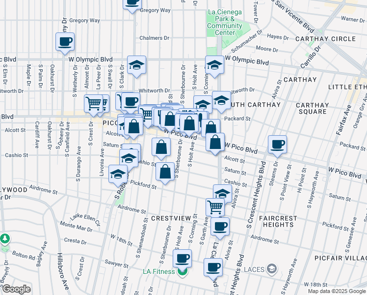 map of restaurants, bars, coffee shops, grocery stores, and more near 1428 South Sherbourne Drive in Los Angeles