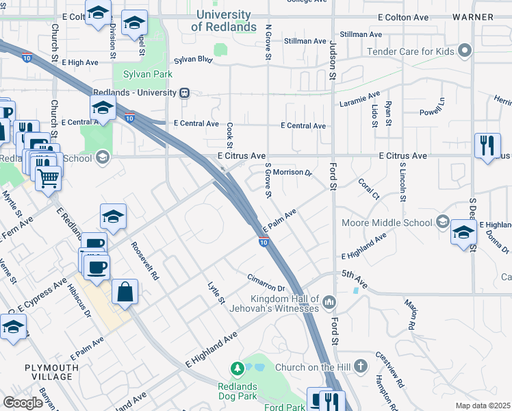 map of restaurants, bars, coffee shops, grocery stores, and more near 722 McAuliffe Court in Redlands