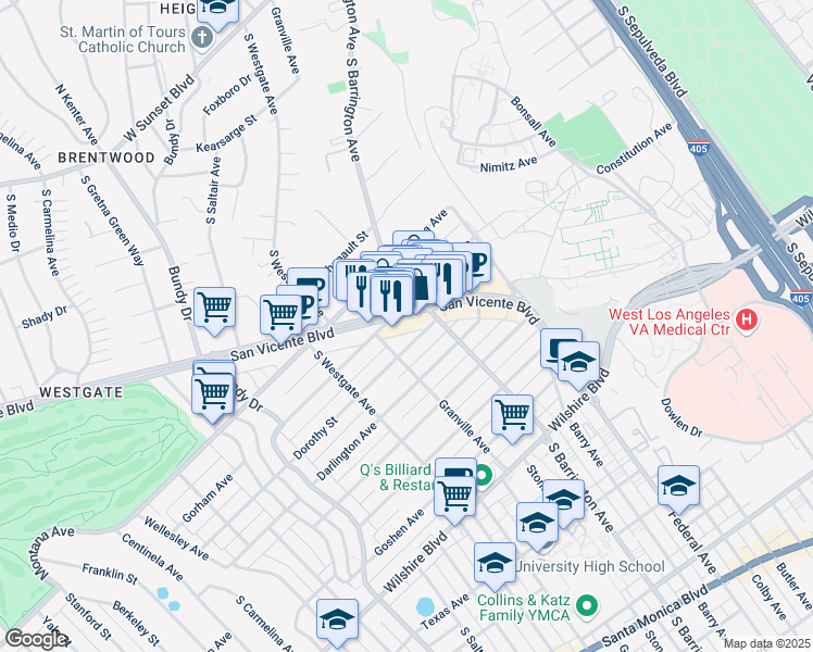 map of restaurants, bars, coffee shops, grocery stores, and more near 11740 San Vicente Boulevard in Los Angeles