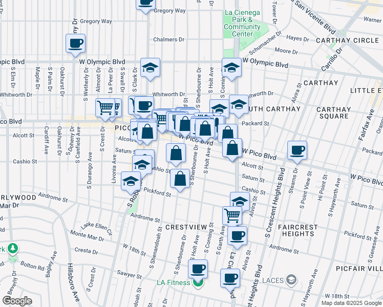 map of restaurants, bars, coffee shops, grocery stores, and more near 1431 South Sherbourne Drive in Los Angeles