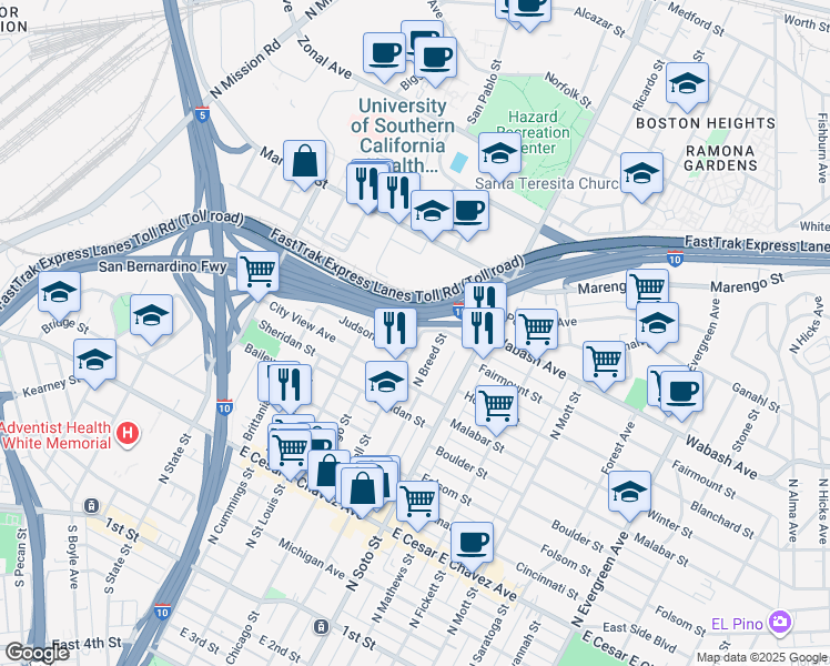 map of restaurants, bars, coffee shops, grocery stores, and more near 727 Cornwell Street in Los Angeles