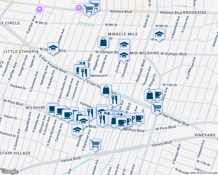 map of restaurants, bars, coffee shops, grocery stores, and more near 5351 San Vicente Boulevard in Los Angeles