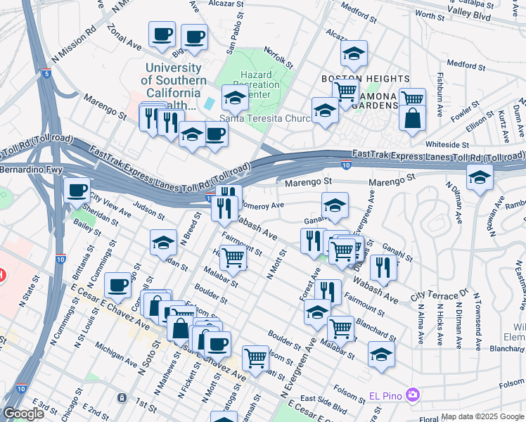 map of restaurants, bars, coffee shops, grocery stores, and more near 2462 Pomeroy Avenue in Los Angeles