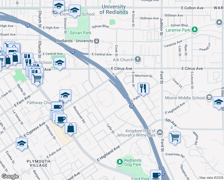 map of restaurants, bars, coffee shops, grocery stores, and more near 1032 Ardmore Circle in Redlands