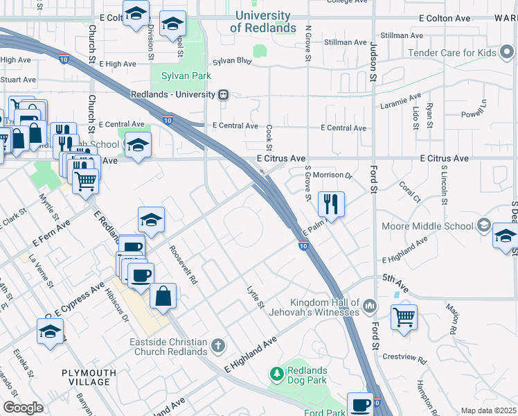 map of restaurants, bars, coffee shops, grocery stores, and more near 1032 Ardmore Circle in Redlands