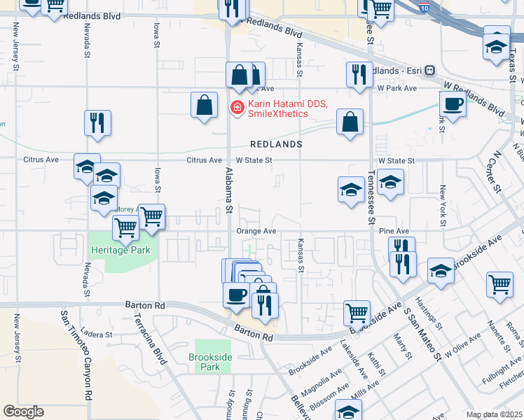 map of restaurants, bars, coffee shops, grocery stores, and more near 1510 Orange Avenue in Redlands