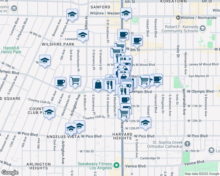 map of restaurants, bars, coffee shops, grocery stores, and more near 986 South Saint Andrews Place in Los Angeles