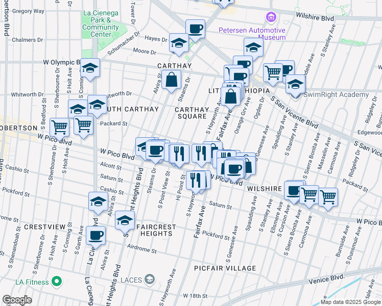 map of restaurants, bars, coffee shops, grocery stores, and more near 1222 Hi Point Street in Los Angeles