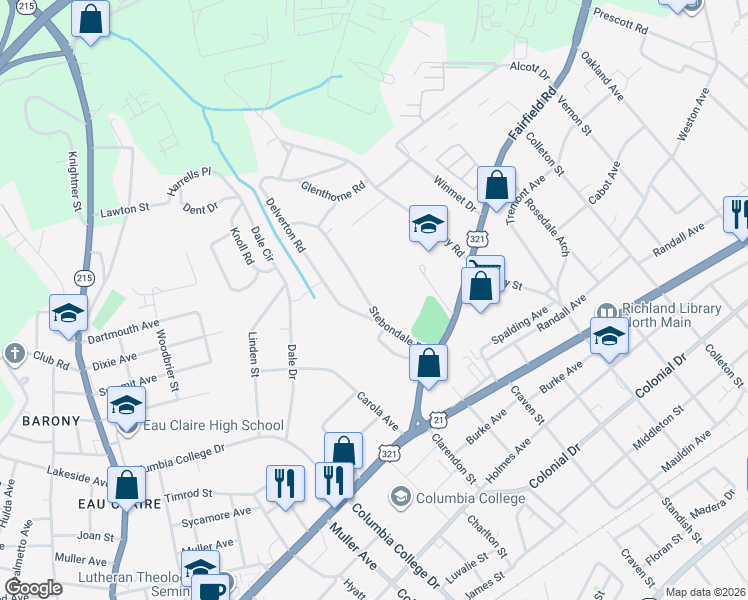 map of restaurants, bars, coffee shops, grocery stores, and more near 930 Stebondale Road in Columbia