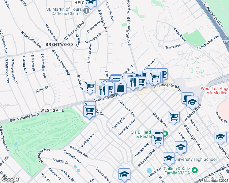 map of restaurants, bars, coffee shops, grocery stores, and more near 11911 Montana Avenue in Los Angeles