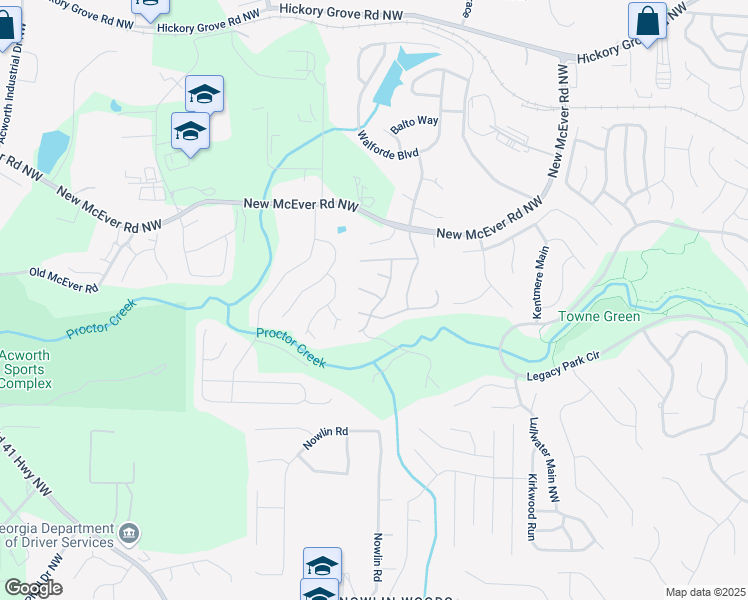 map of restaurants, bars, coffee shops, grocery stores, and more near 4019 Forest Grove Pass Northwest in Acworth