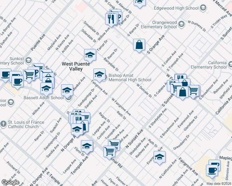 map of restaurants, bars, coffee shops, grocery stores, and more near 1932 South Orange Avenue in West Covina